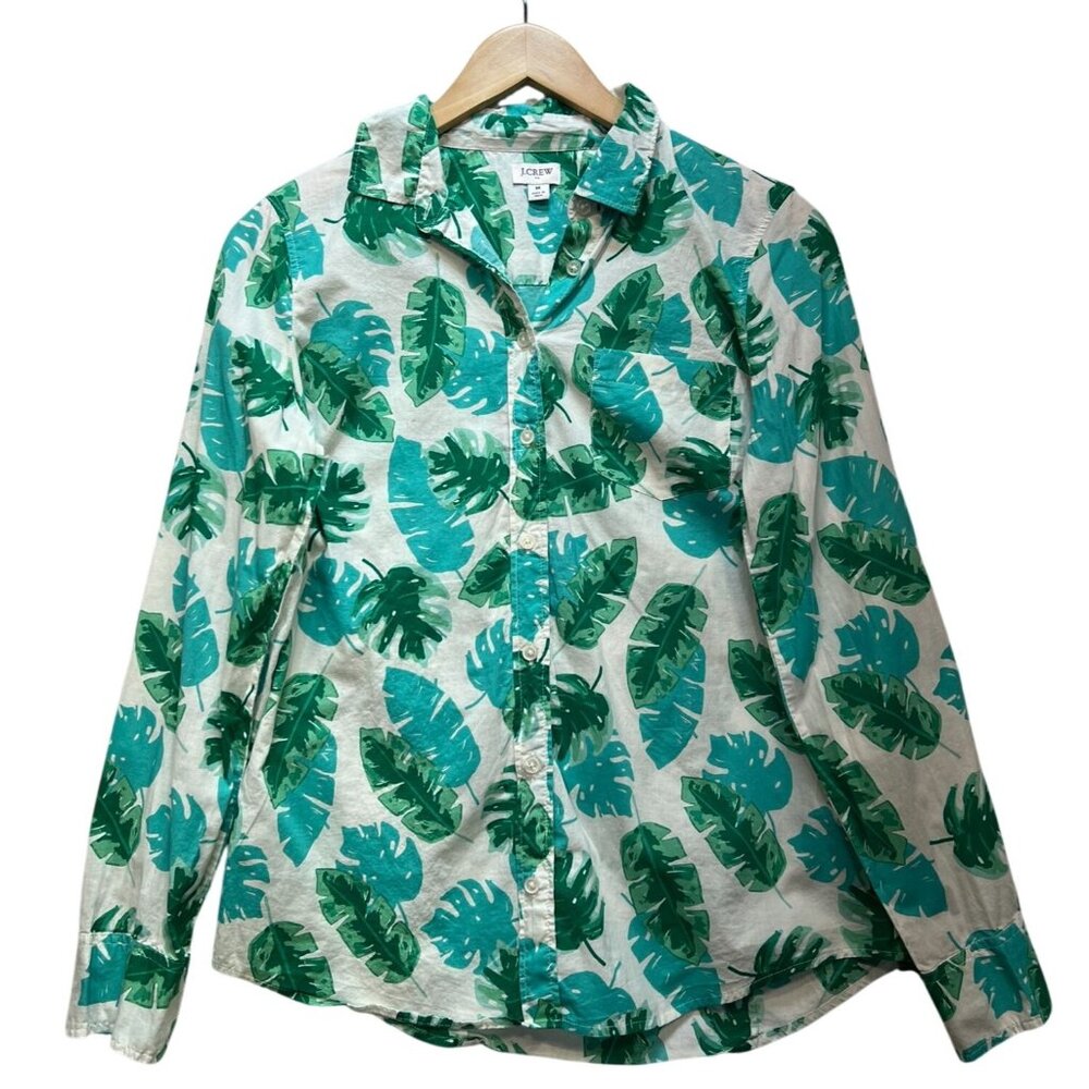 J.Crew Womens Palm Print Button Up Shirt Medium Tropical Green Beach Casual
